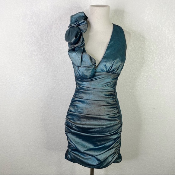 Cache Dresses & Skirts - Vintage Cache Turquoise Blue Metallic Ruched Mini Dress